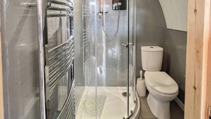 A compact bathroom with a glass shower enclosure, a toilet, and a small sink.