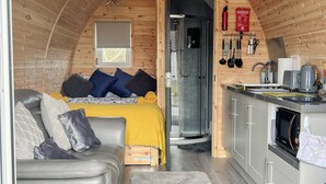 A cozy cabin with a bed, a sofa, a kitchenette, and a shower.