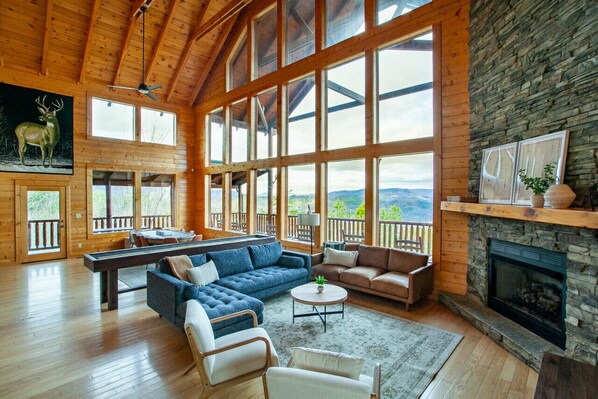 Smart TV, fireplace, video games, DVD player