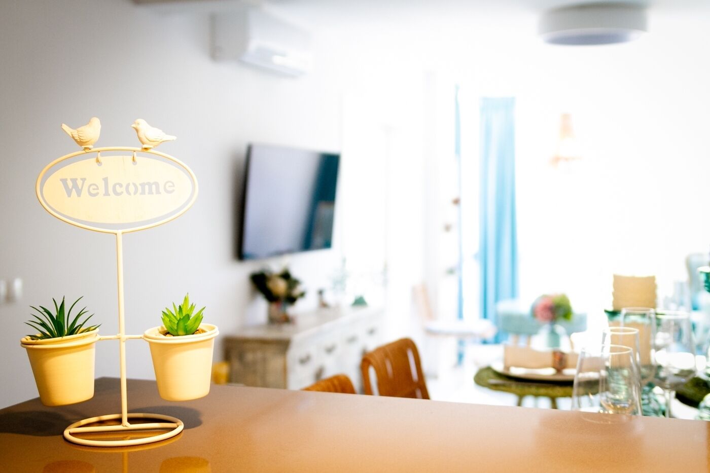 A dining area with a 'Welcome' sign, two potted plants, and a television in the background.