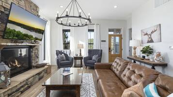 Smart TV, fireplace, foosball