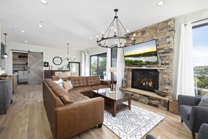 Smart TV, fireplace, foosball