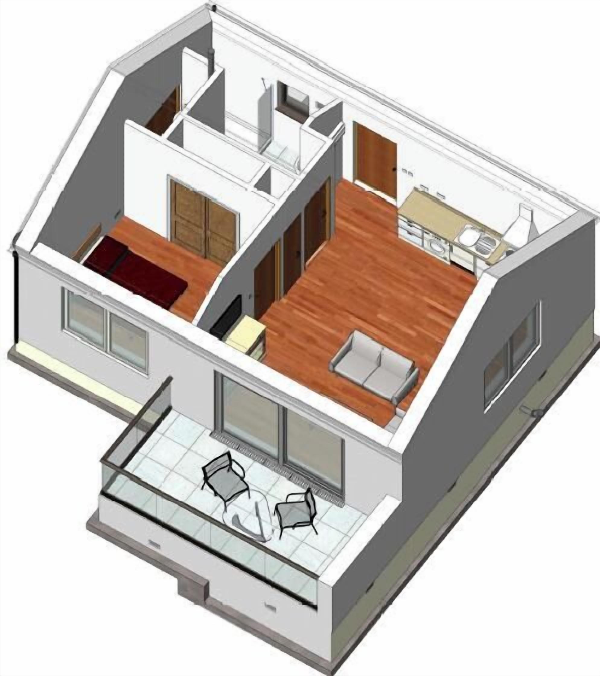 Una representación arquitectónica en 3D de un apartamento moderno que incluye sala de estar, cocina, comedor y un balcón con mobiliario.