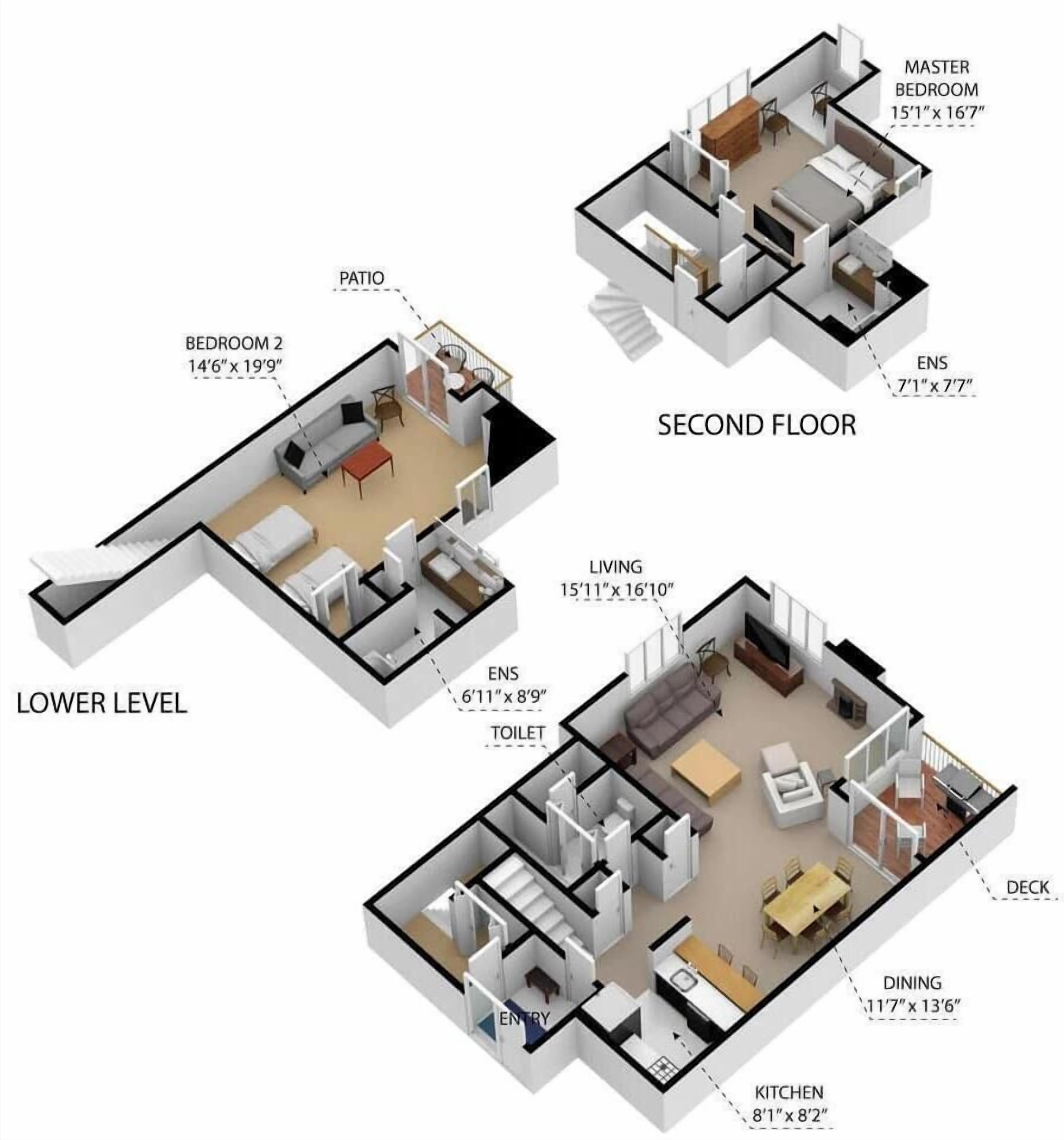 A 3D floor plan of a multi-level apartment with a master bedroom, living area, kitchen, dining area, and entry.