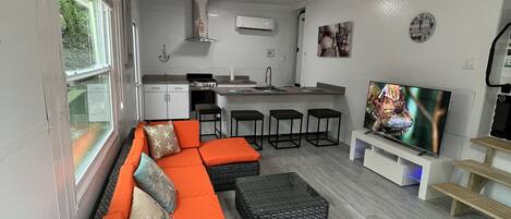 A modern kitchen with a built-in oven, a sink, and an air conditioning unit.