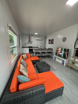 Smart TV, fireplace, stereo