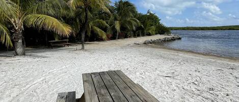 Una mesa de picnic de madera sobre una playa arenosa, con palmeras y un mar tranquilo al fondo.