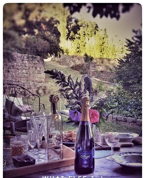 A table set outdoors with a bottle of wine, glasses, and a flower arrangement.