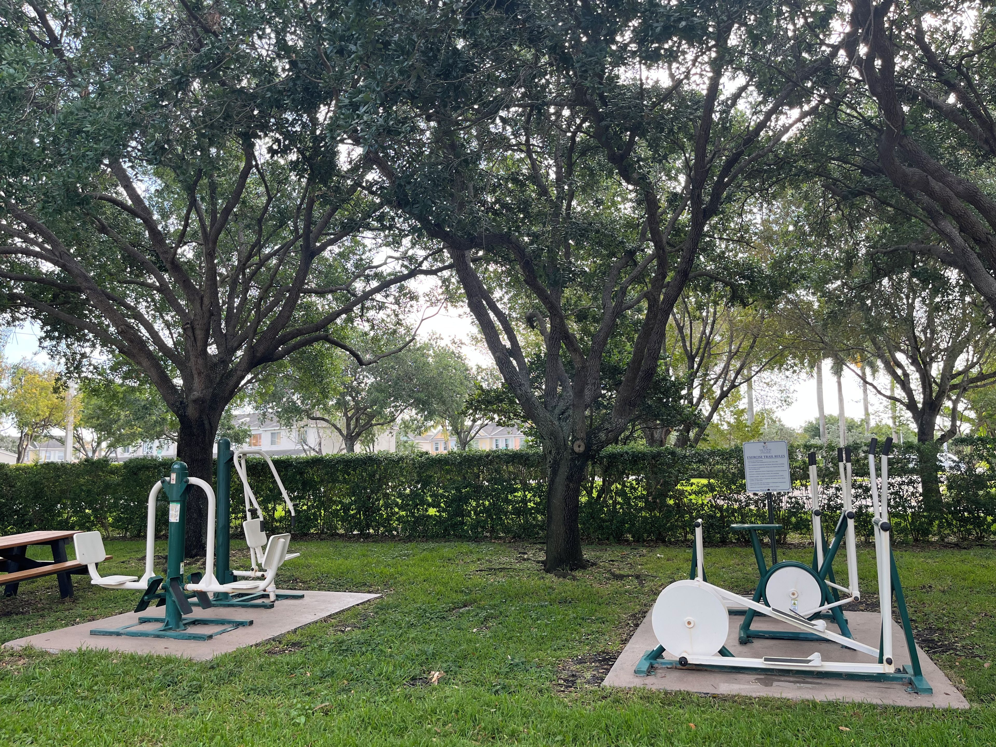 Outdoor exercise equipment in a park with trees and a bench.
