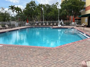 A rectangular swimming pool with a brick deck, surrounded by lounge chairs and palm trees. - (Weston)