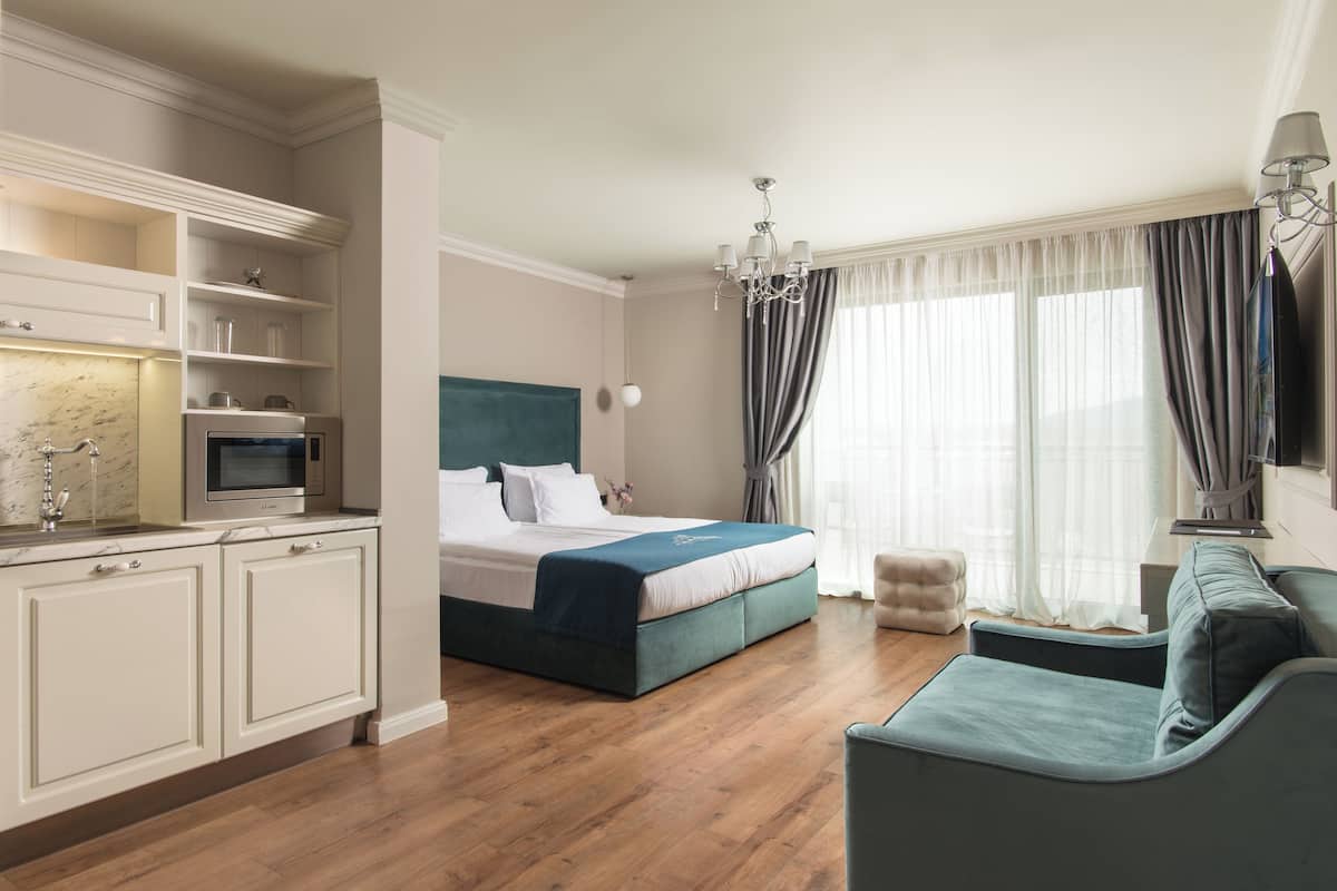 A modern bedroom with a bed, a TV, a sofa, and a kitchen area.