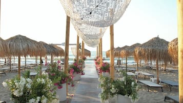 Private beach, sun loungers, beach umbrellas, beach bar