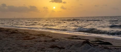 On the beach, sun-loungers, beach towels
