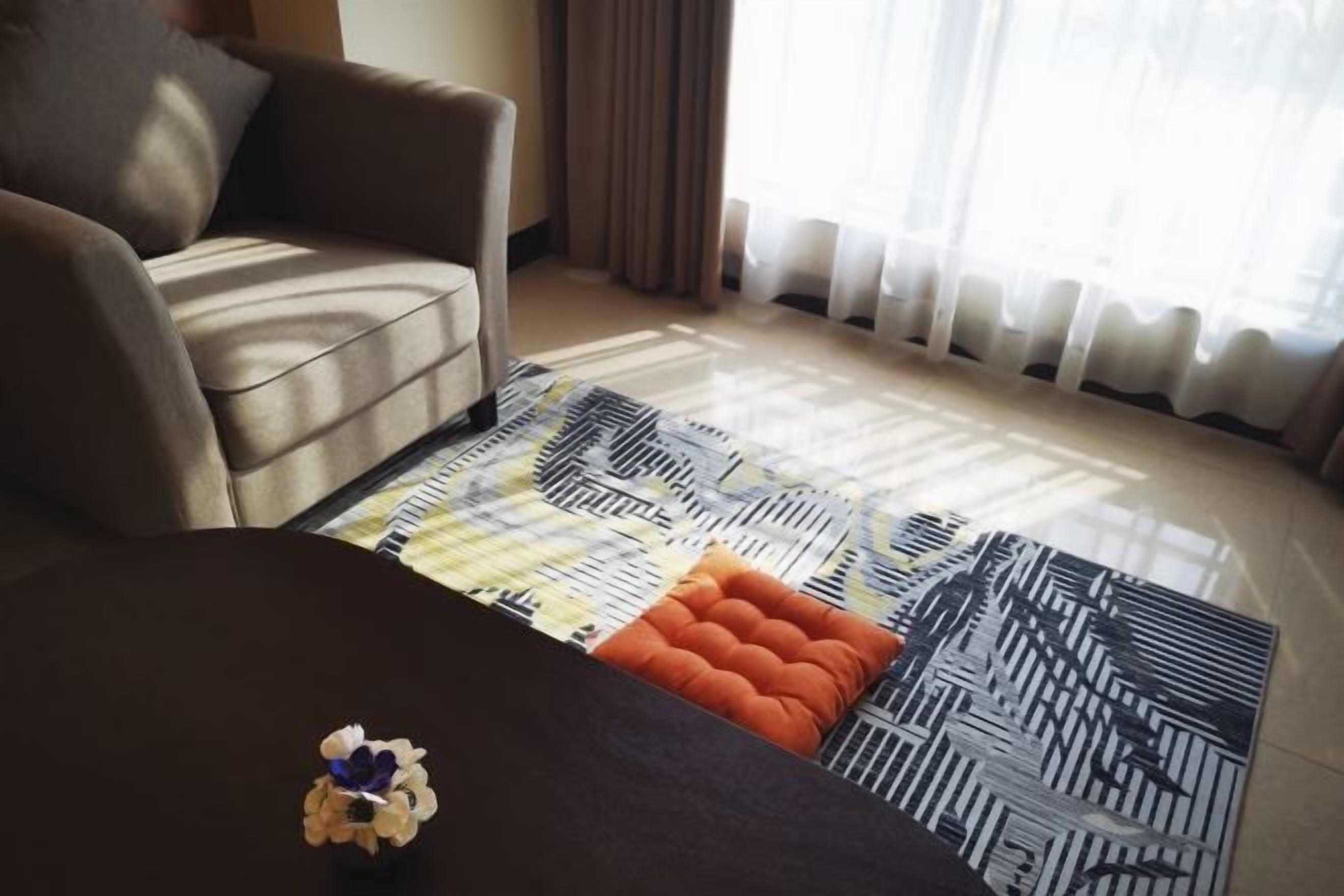 A living room with a sofa, a coffee table, and a patterned rug.