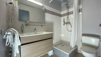 Une salle de bain moderne équipée d’une douche, de toilettes et d’un meuble-lavabo.