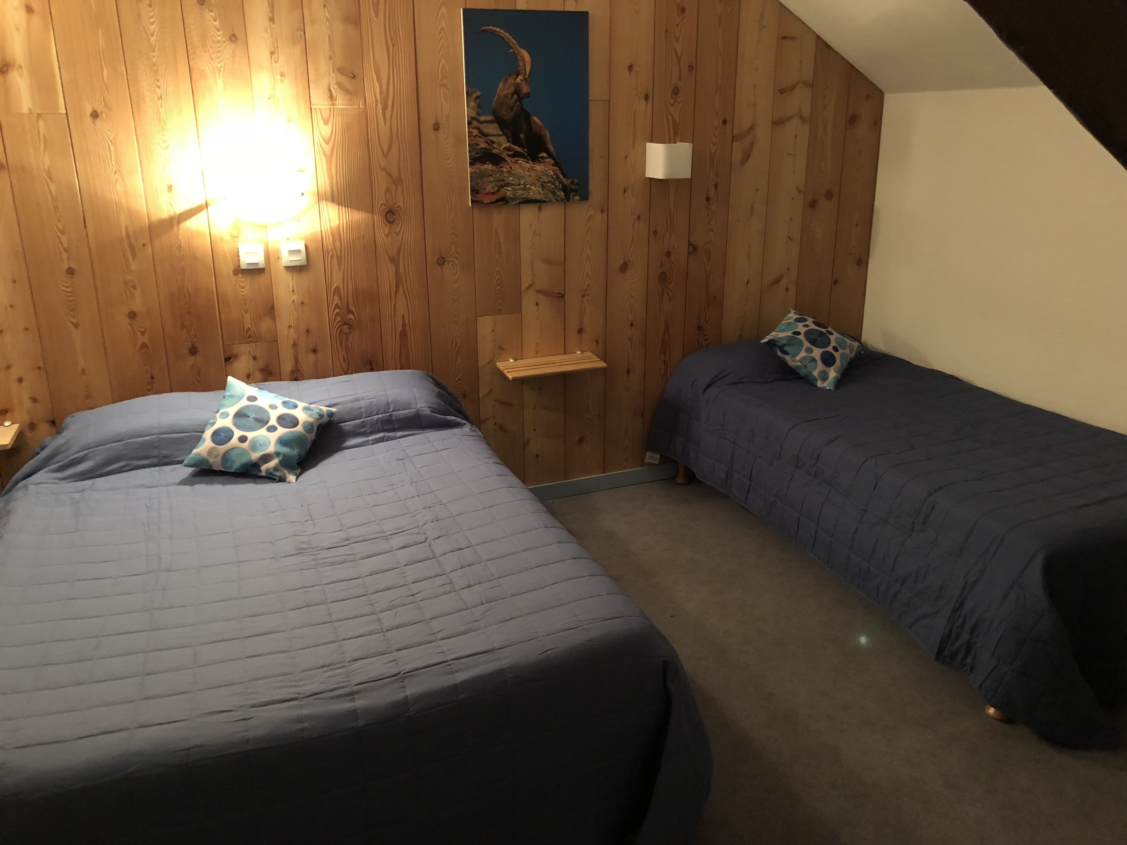 A room with two beds, wooden walls, a mounted picture, and a small shelf.