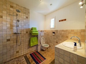 Enjoy a refreshing shower with a handheld showerhead and wall-mounted faucet in this bathroom.