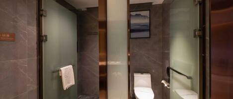 A modern bathroom with a glass-enclosed shower, a toilet, and a towel rack.