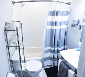 Combined shower/tub, hair dryer, towels, soap