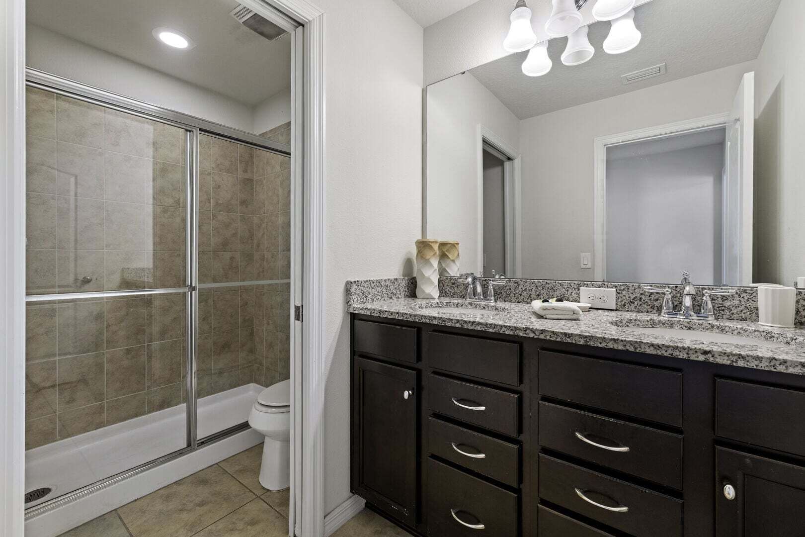 A modern bathroom with a walk-in shower, dark cabinetry, and a large mirror.