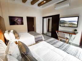 Una habitación de hotel moderna con dos camas, un escritorio, un televisor y un armario corredero.