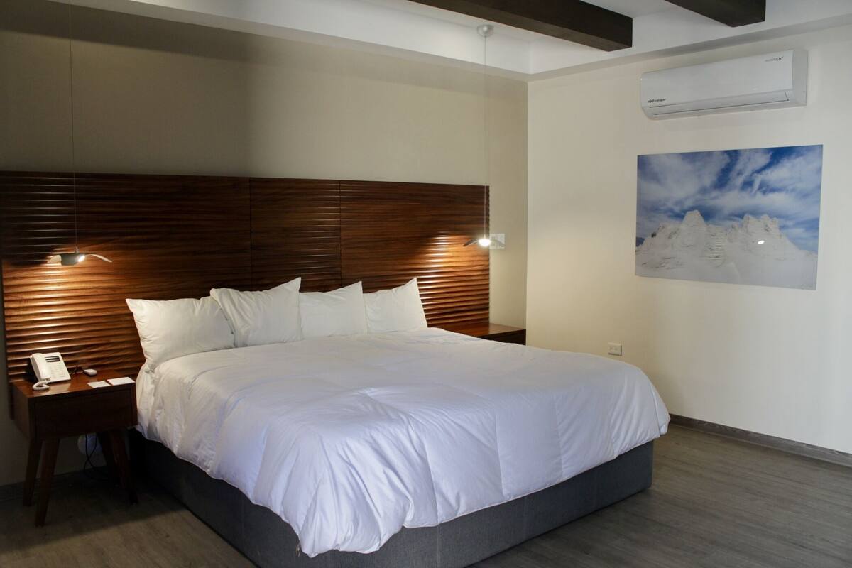 Une chambre d’hôtel moderne avec un grand lit, une tête de lit en bois, des lampes de chevet, une table de chevet et un climatiseur fixé au mur.