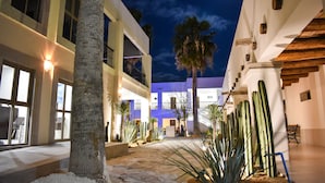 A courtyard with palm trees, cacti, and a building with balconies and large windows.