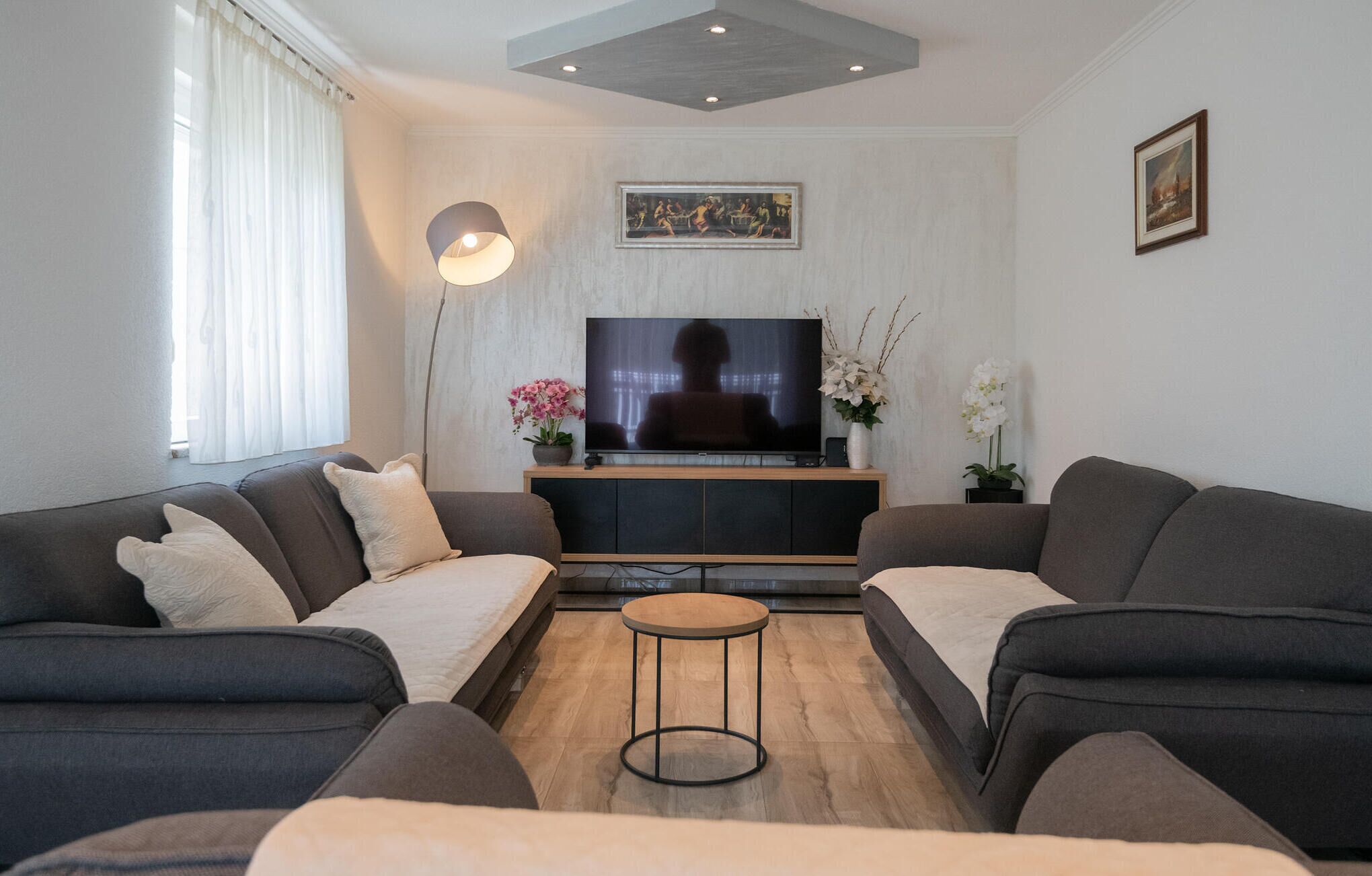 A modern living room with two sofas, a coffee table, a TV, and decorative plants. - Luxurious home in Imotski (Imotski)