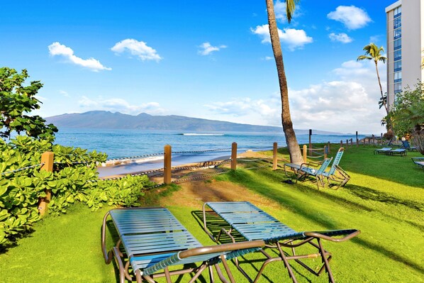 A beachside patio with lounge chairs and a view of the ocean.
