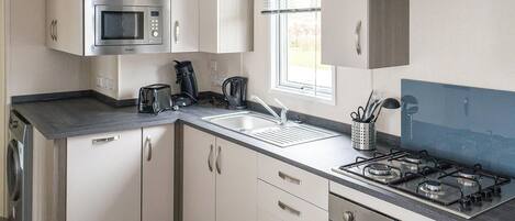 Fridge, stovetop, dishwasher, coffee/tea maker