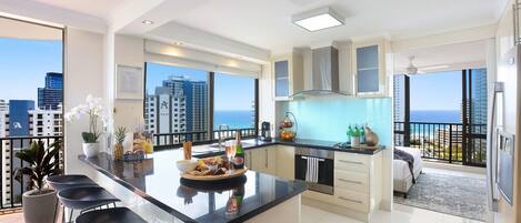 Coffee/tea maker, fridge, microwave, oven