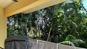 A covered outdoor area with a grill, a chair, and a metal fence overlooking a lush garden. - Perfect little home away from home in the tropics. (Parap)