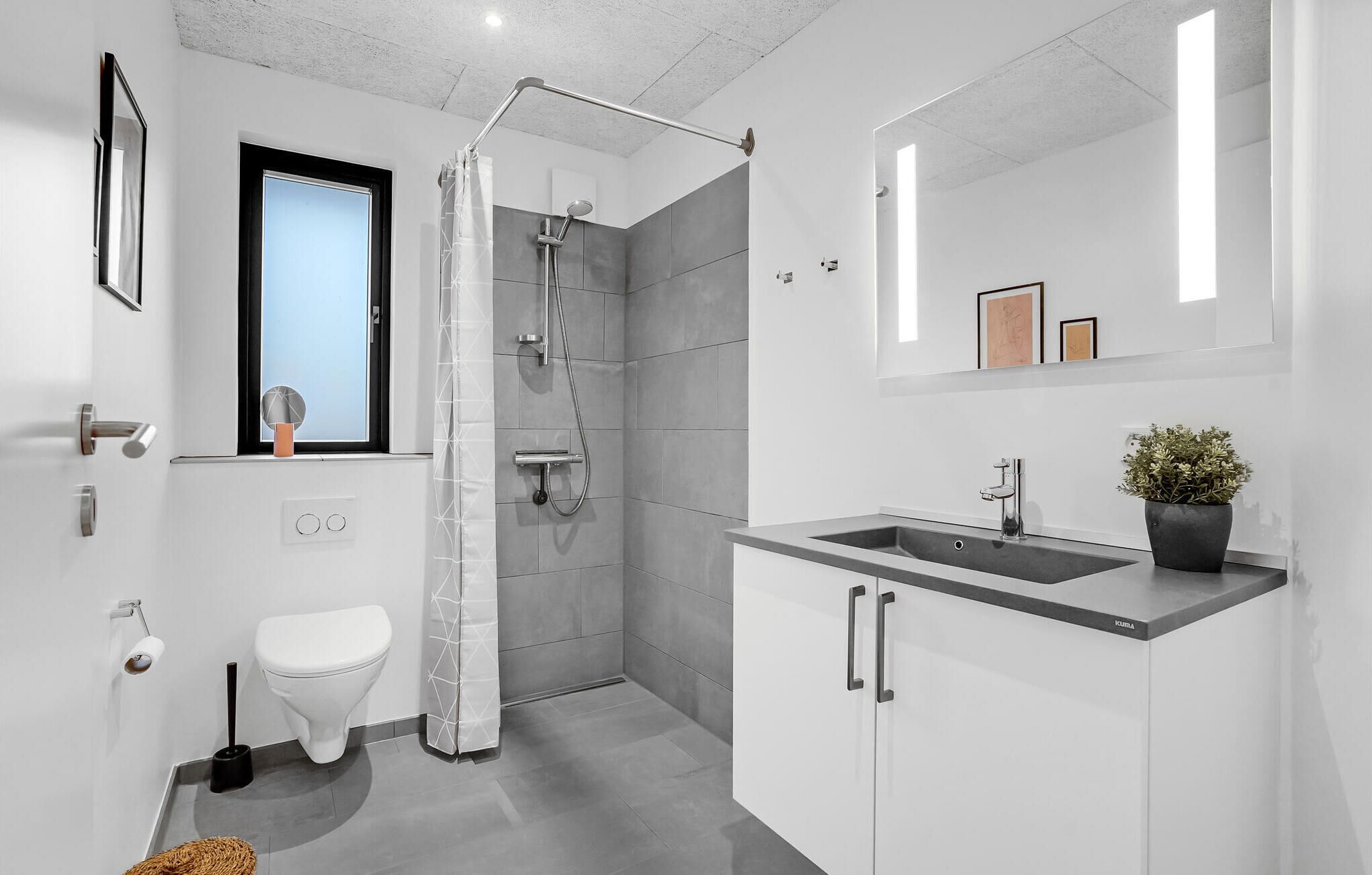 Une salle de bain moderne équipée d’une douche, de toilettes, d’un lavabo et d’une plante en pot.