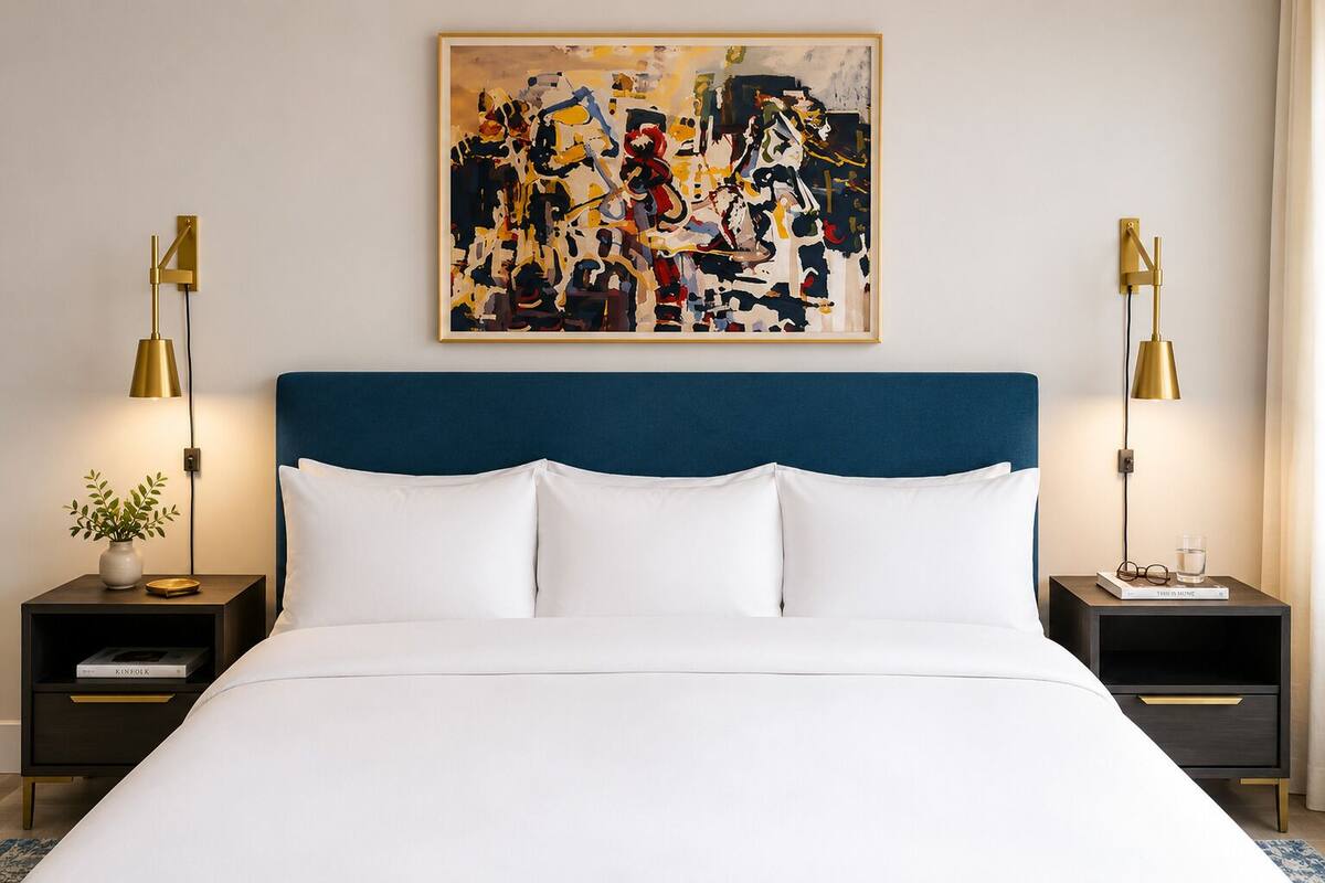 A bed with white linens, a blue headboard, and two bedside tables with lamps.