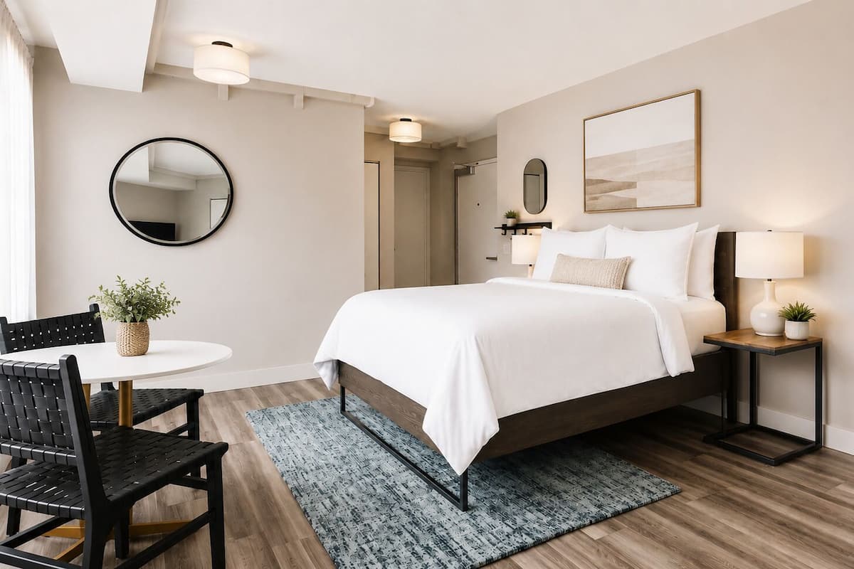 A modern hotel room with a bed, bedside tables, a round table with chairs, and a large mirror.