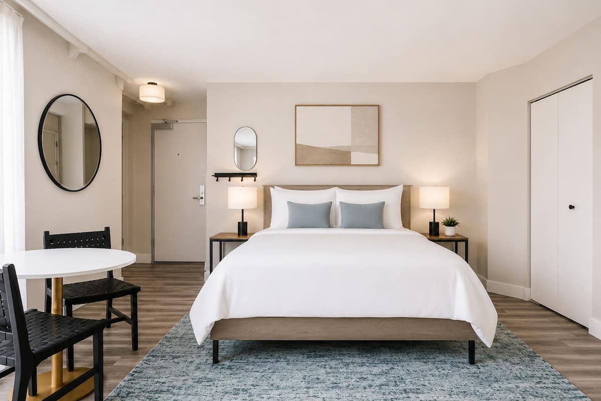 A hotel room with a bed, bedside tables, a round mirror, a round table, and a chair.