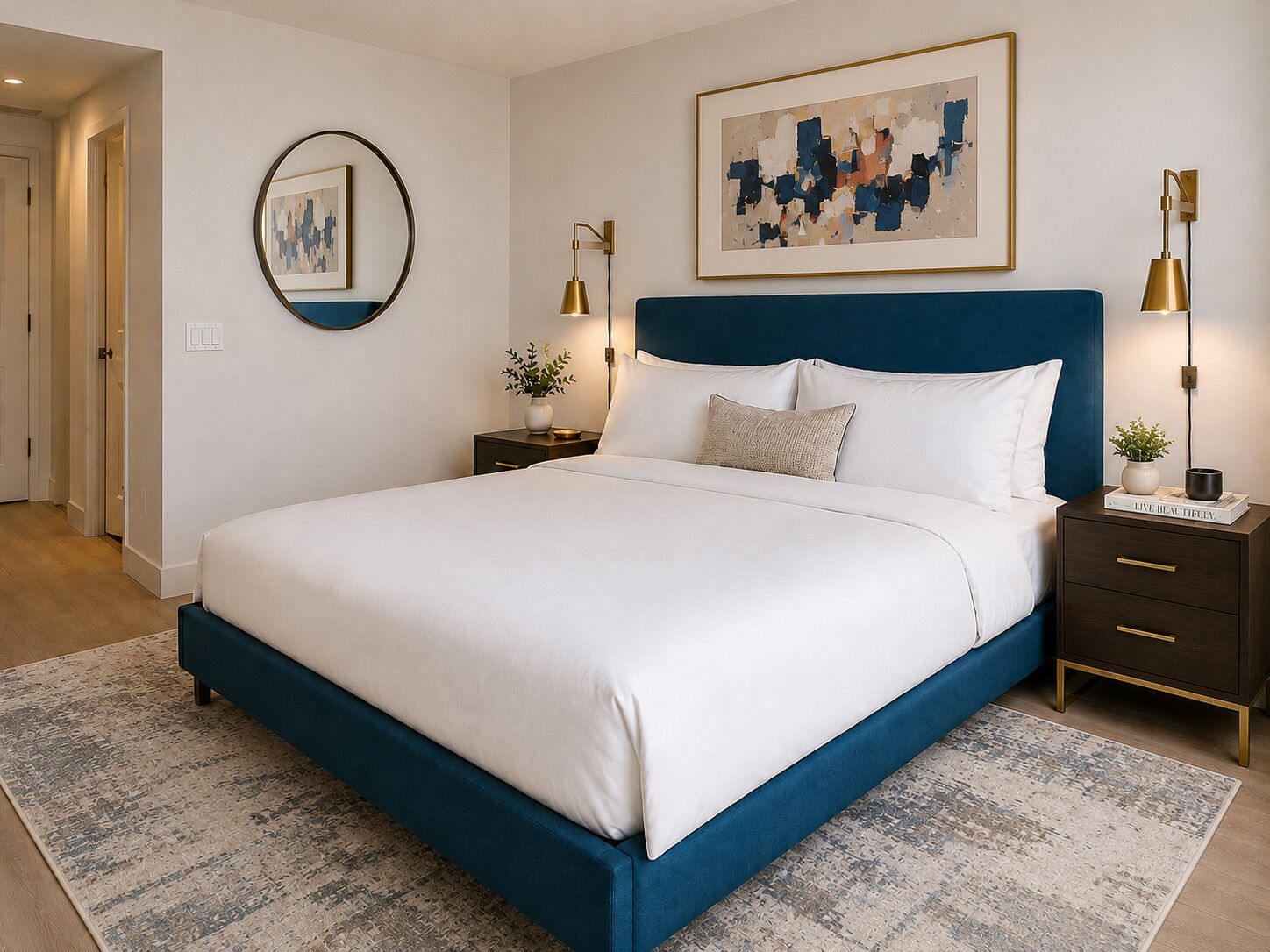 A bedroom with a large bed, two bedside tables, a nightstand, a wall-mounted lamp, a framed abstract painting, and a door leading to another room.