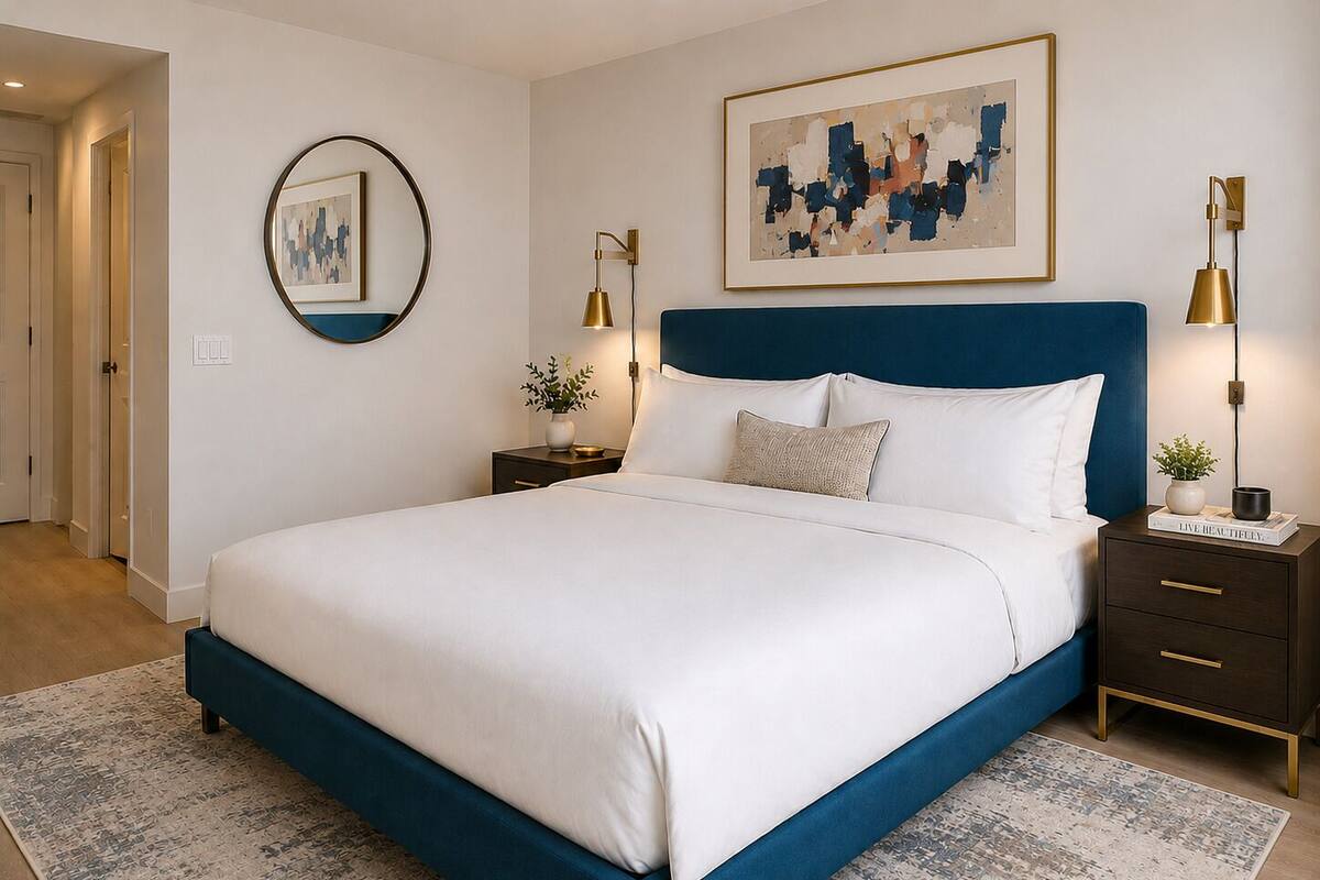 A bedroom with a large bed, two bedside tables, a nightstand, a wall-mounted lamp, a framed abstract painting, and a door leading to another room.