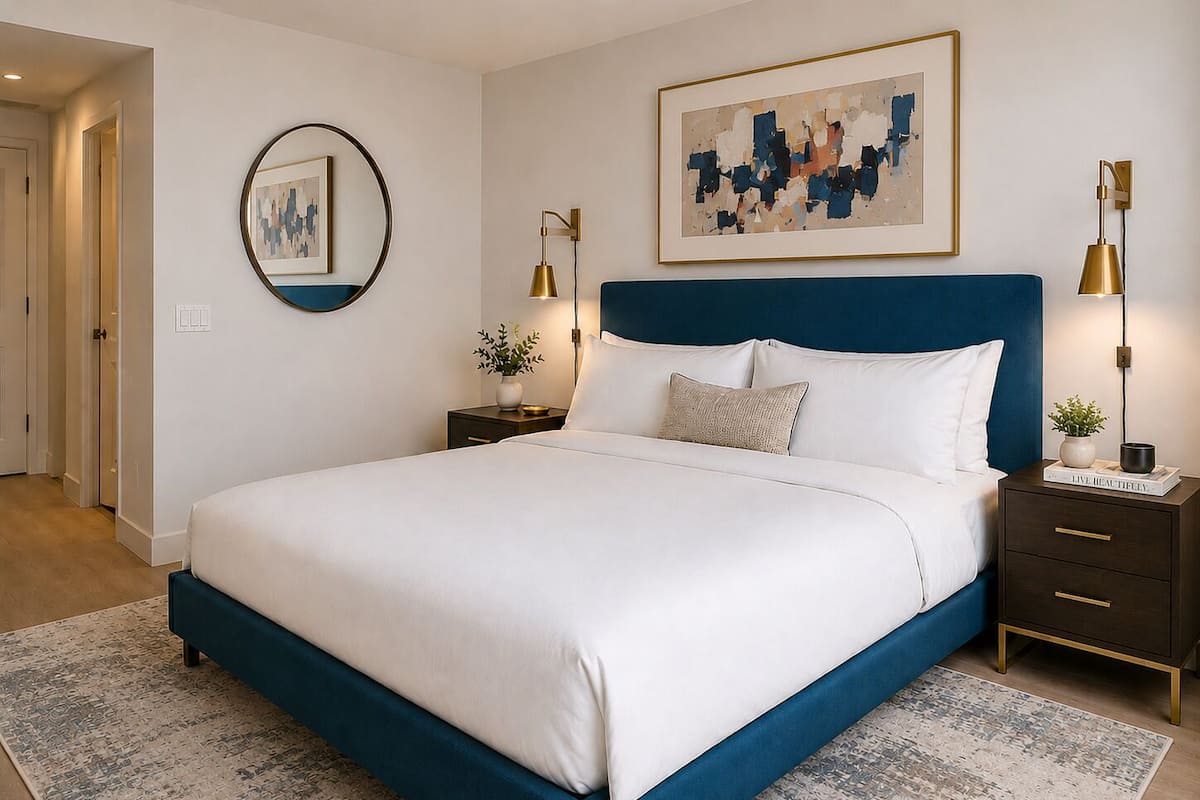 A bedroom with a large bed, two bedside tables, a nightstand, a wall-mounted lamp, a framed abstract painting, and a door leading to another room.