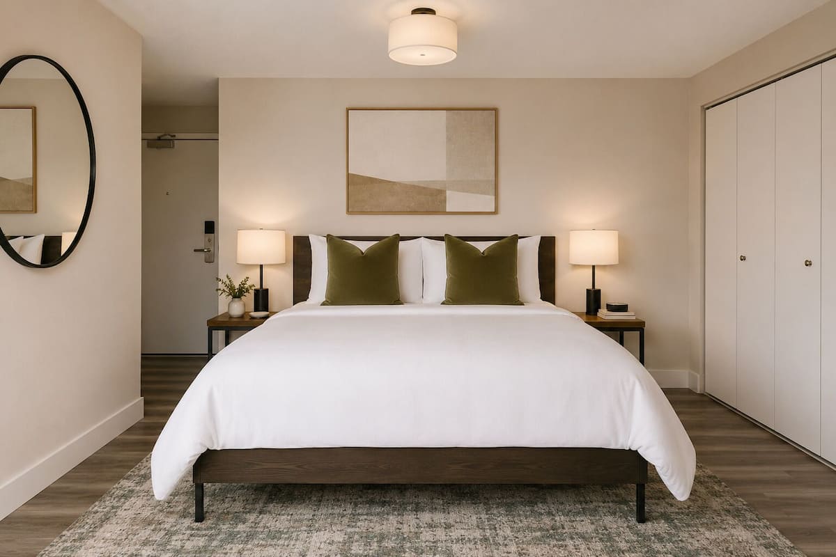 A neatly arranged bedroom with a large bed, two bedside tables with lamps, a headboard, a framed artwork above the bed, and a wardrobe.