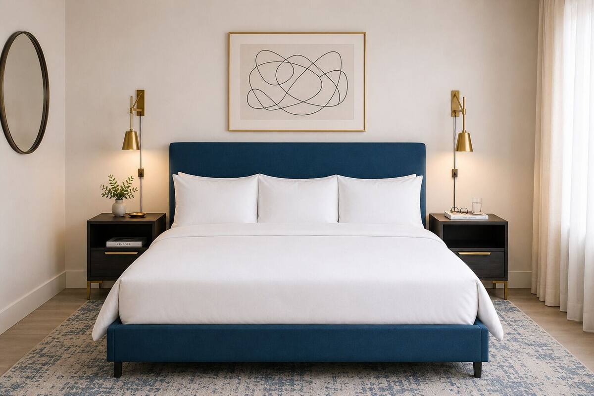 A neatly made bed with a blue headboard, two bedside tables with lamps, a framed abstract artwork above the bed, and a patterned rug on the floor.