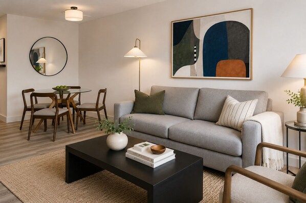 Ein modernes Wohnzimmer mit grauem Sofa, einem runden Couchtisch und einem Essbereich mit Holzkästen und einem Glastisch.