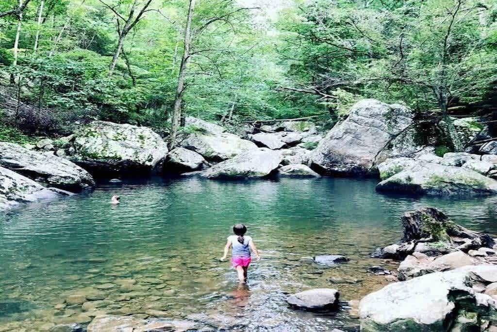Ambiente naturale all'aperto con un corpo idrico limpido circondato da rocce e alberi.