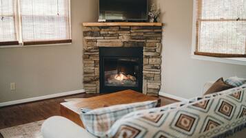 Älytelevisio, takka, DVD-soitin, kirjoja