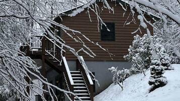 A wooden cabin with a staircase leading to a porch, surrounded by snow-covered trees.