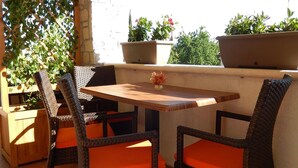 An outdoor patio with wicker chairs and a wooden table, surrounded by potted plants and a trellis with climbing plants. - 1 bedroom beach front apartment in Rakalj (Rakalj)