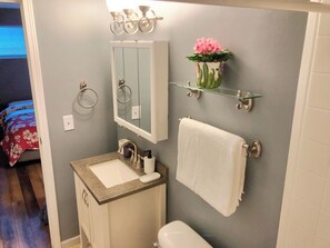 Douche, séchoir à cheveux, serviettes fournies, savon