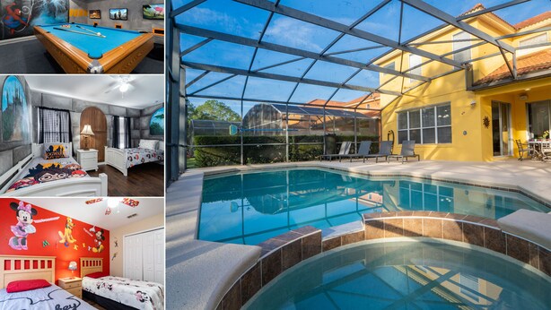 A pool area with a glass enclosure, a pool table, and a room with a Minnie Mouse theme. - Pool Home With Spa & Games Room In Gated Resort With Extensive Amenities (Davenport)
