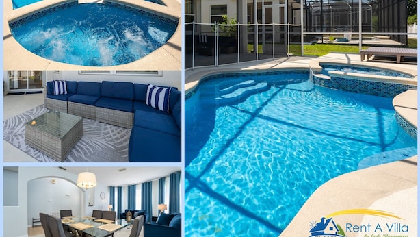 En swimmingpool med ett bubbelbad, en täckt uteplats, ett vardagsrum med soffa och soffbord samt en matplats med bord och stolar.