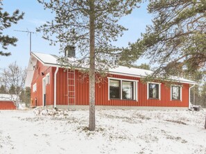 A red wooden house with a white roof, a chimney, and a ladder leaning against the wall.